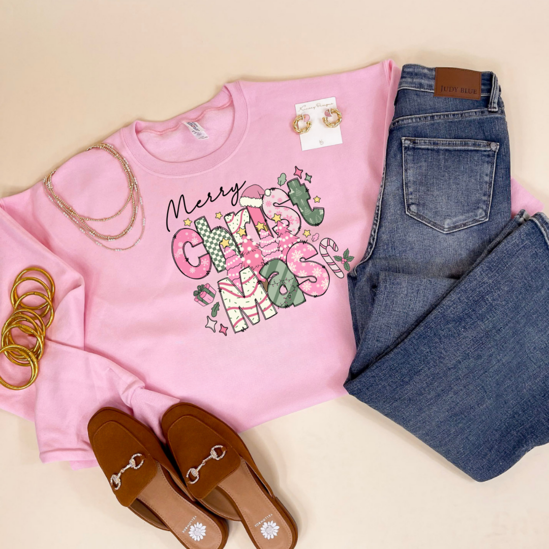 Online Exclusive | Merry Christmas Hand Drawn Graphic Sweatshirt with Christmas Icons in Multiple Color Options
