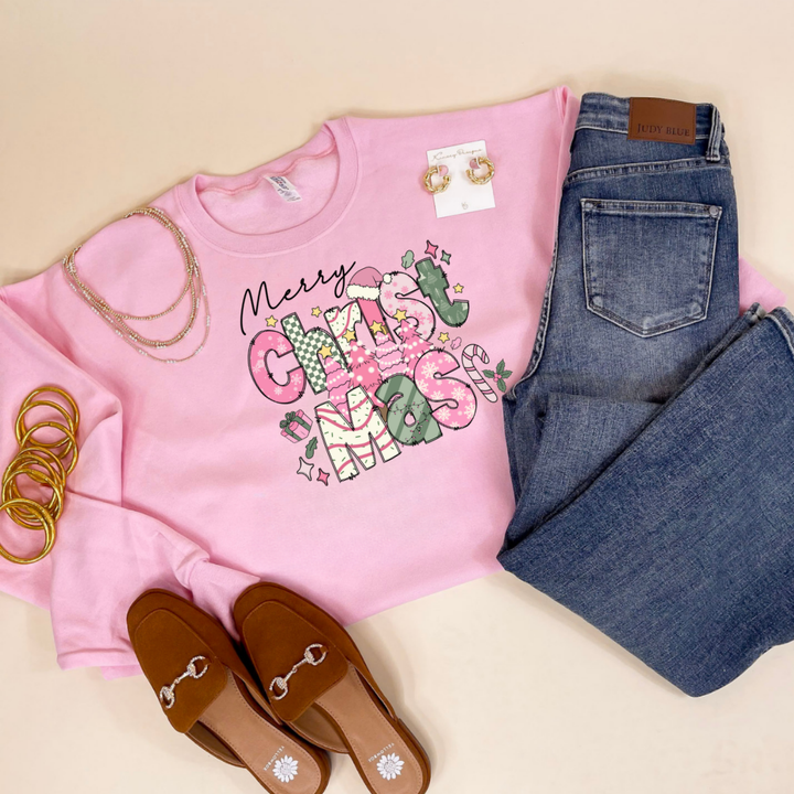 Online Exclusive | Merry Christmas Hand Drawn Graphic Sweatshirt with Christmas Icons in Multiple Color Options