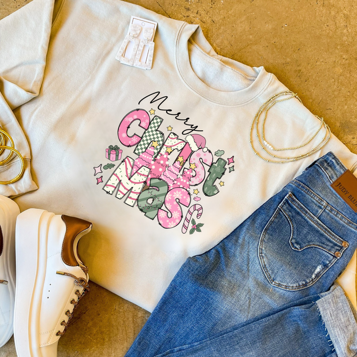 Online Exclusive | Merry Christmas Hand Drawn Graphic Sweatshirt with Christmas Icons in Multiple Color Options