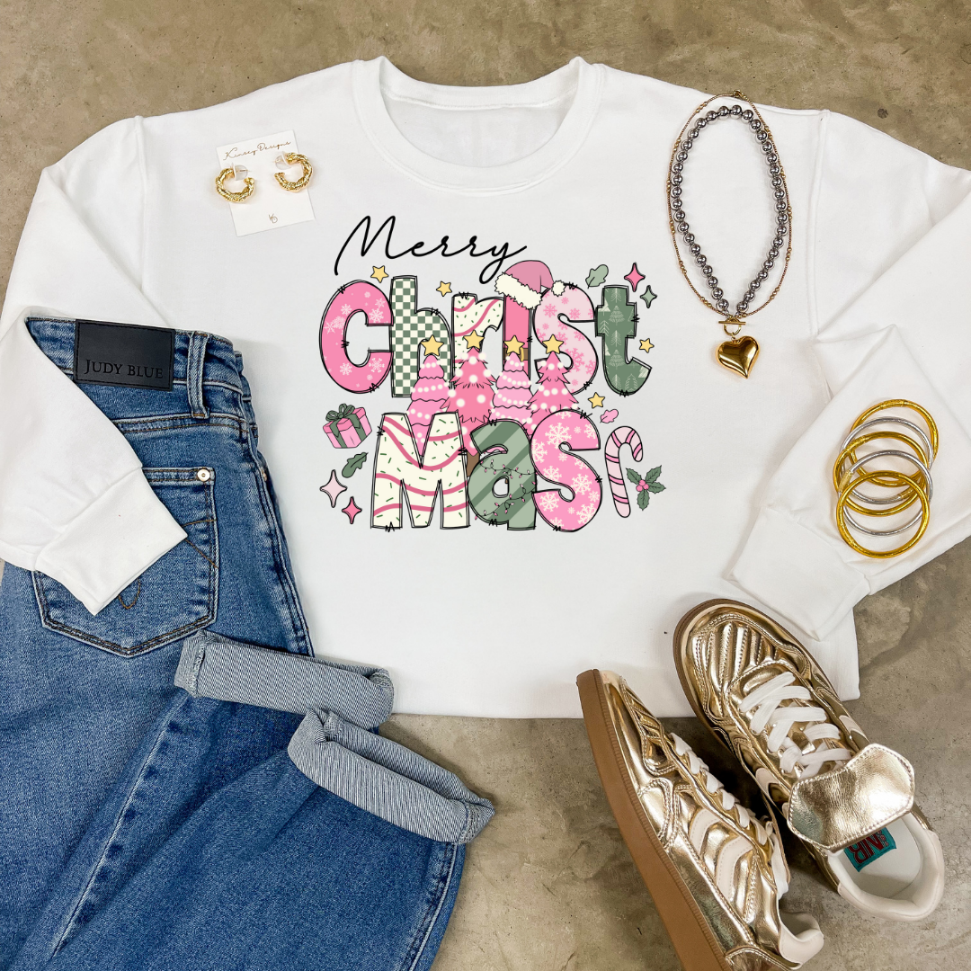 Online Exclusive | Merry Christmas Hand Drawn Graphic Sweatshirt with Christmas Icons in Multiple Color Options