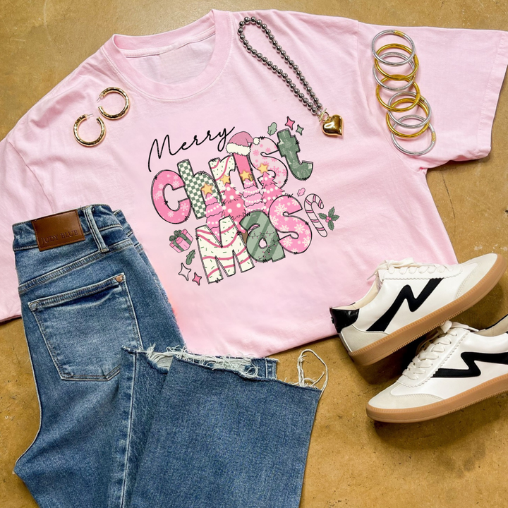 Online Exclusive | Merry Christmas Hand Drawn Graphic Tee with Christmas Icons in Multiple Color Options