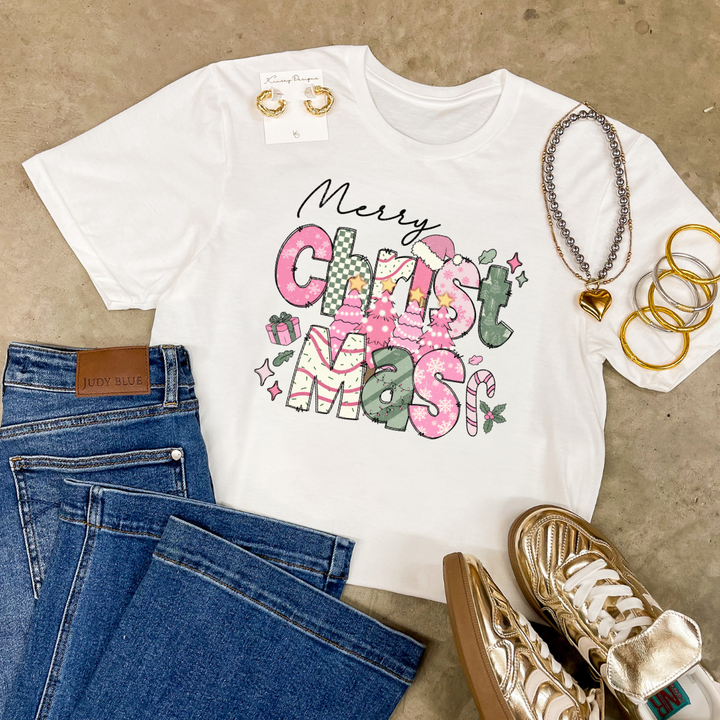 Online Exclusive | Merry Christmas Hand Drawn Graphic Tee with Christmas Icons in Multiple Color Options