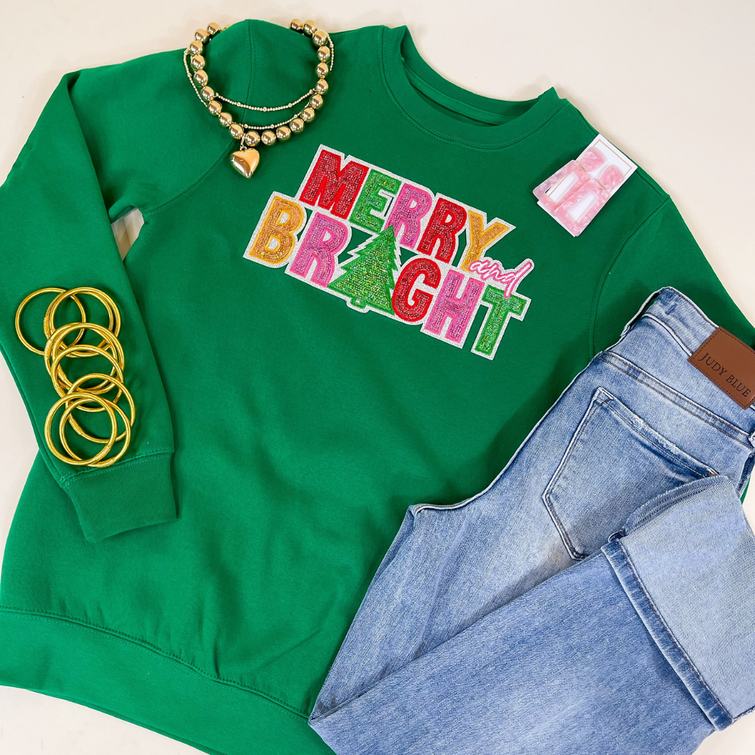 Merry and Bright Sequin Letter Graphic Sweatshirt in Green