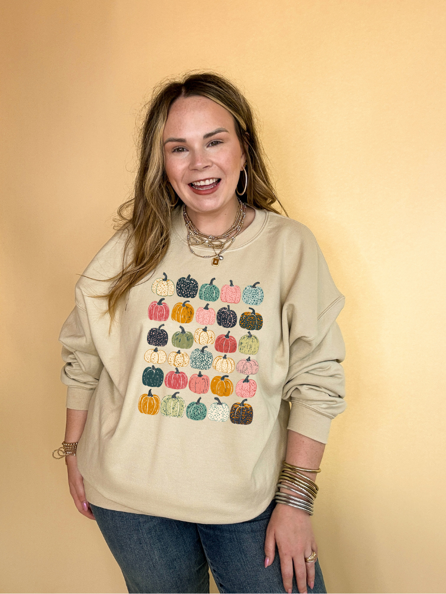 Online Exclusive | Pumpkin Overload tapestry of color and pattern Pumpkins Graphic Sweatshirt in Multiple Color Options