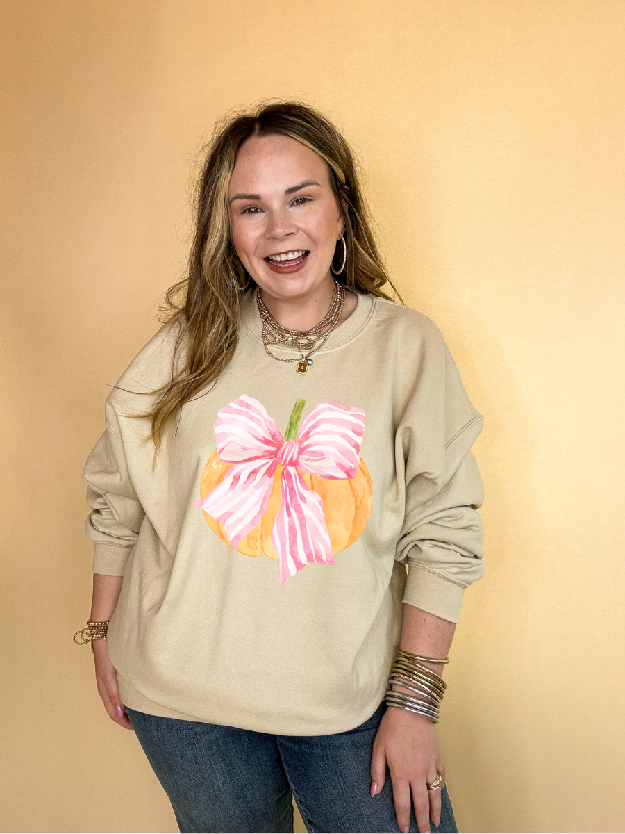 Online Exclusive |  Bow-tastic Orange Pumpkin with Giant Pink Bow Graphic Sweatshirt in Multiple Color Options