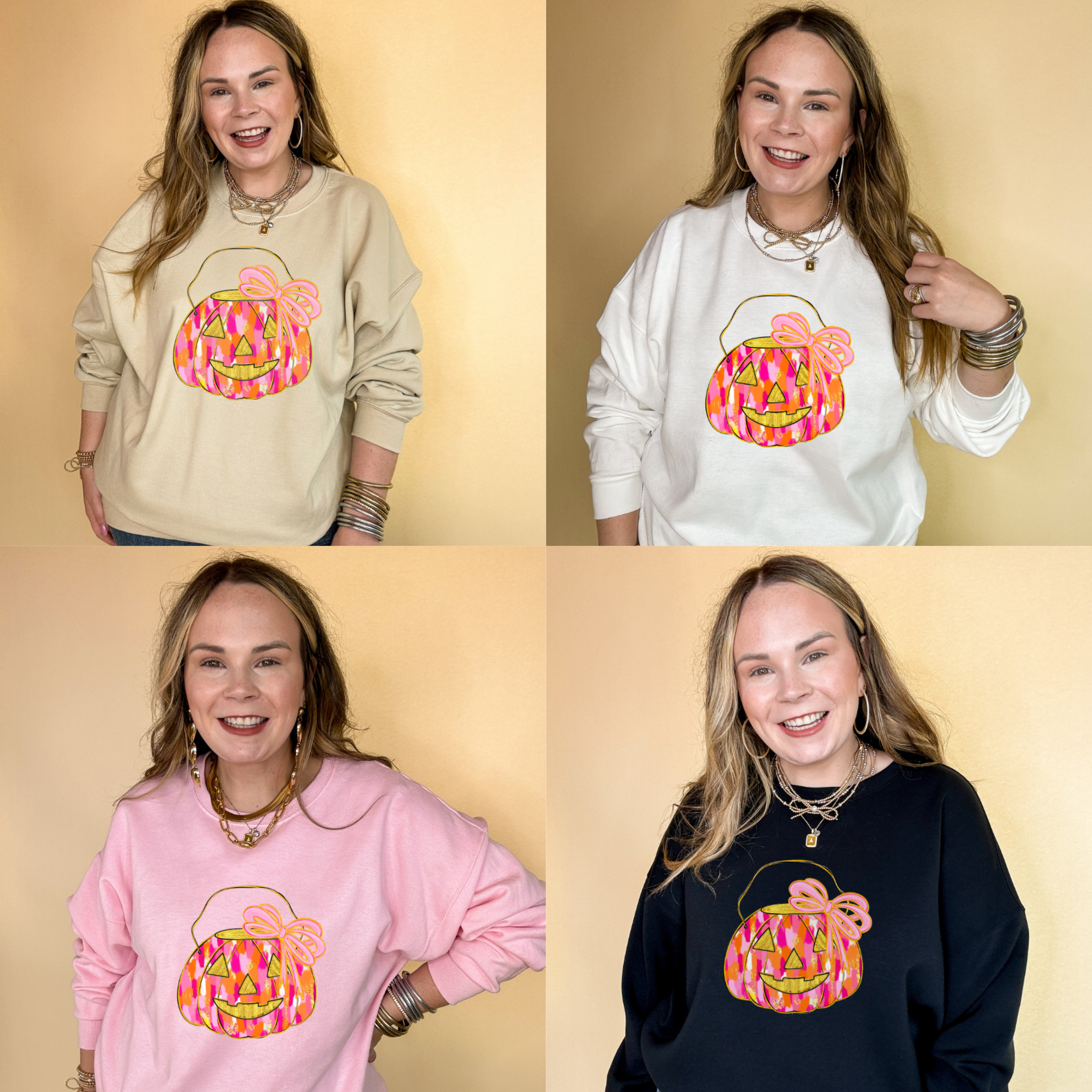 Online Exclusive | Messy Paint Trick-or-Treating Pumpkin with Pink Bow Graphic Sweatshirt in Multiple Color Options