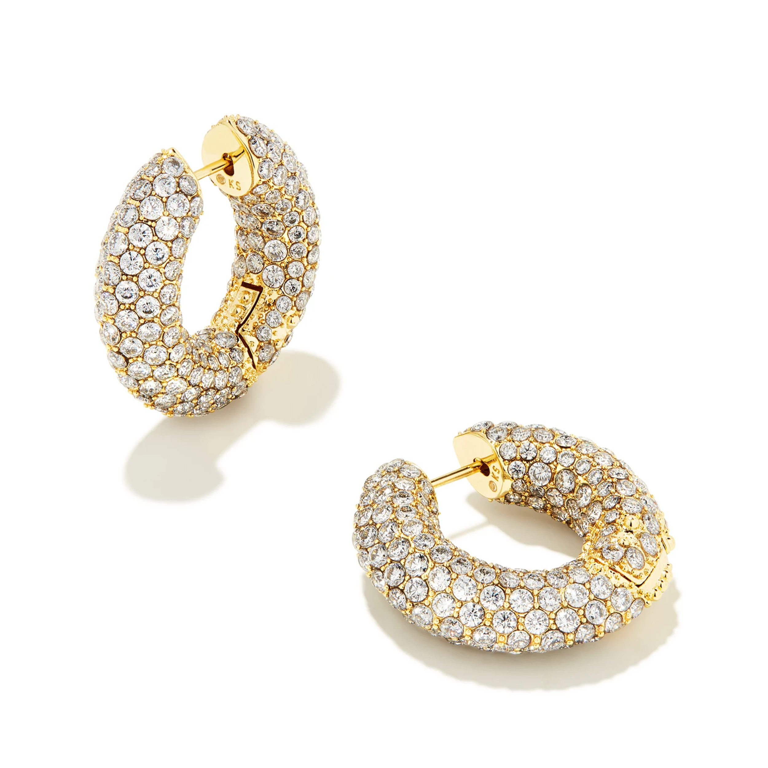 These Mikki Pave Gold Hoop Earrings in White by Kendra Scott are pictured on a white background.