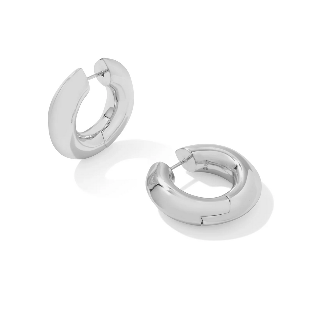 These Mikki Silver Metal Hoop earrings in Polished Metal by Kendra Scott are pictured on a white background.