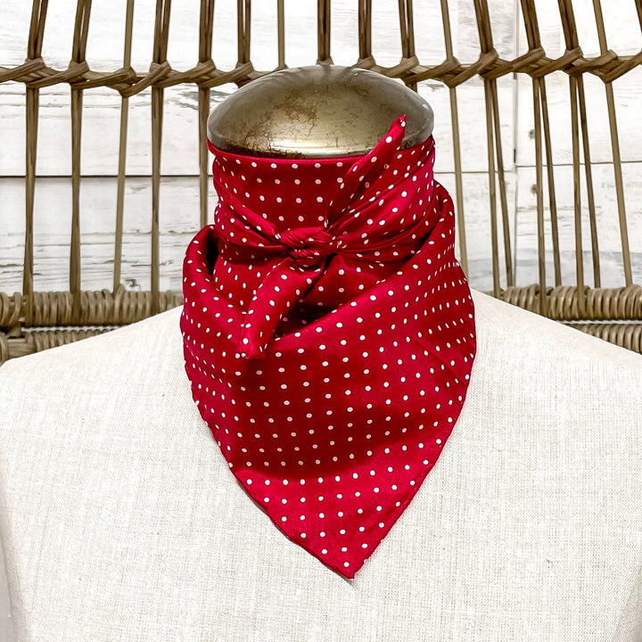 Red polka dot scarf on a mannequin bust with a wicker chair background