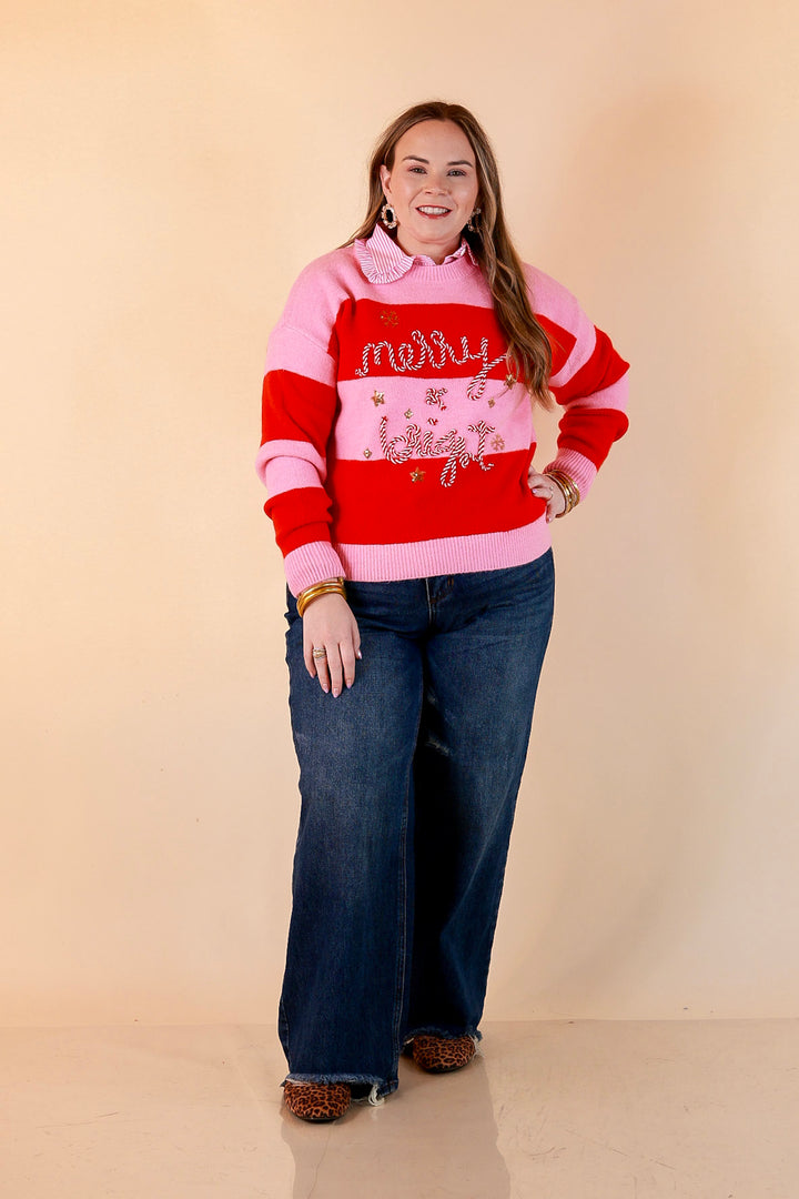 Mint Condition Striped Merry and Bright Sweater in Pink and Red