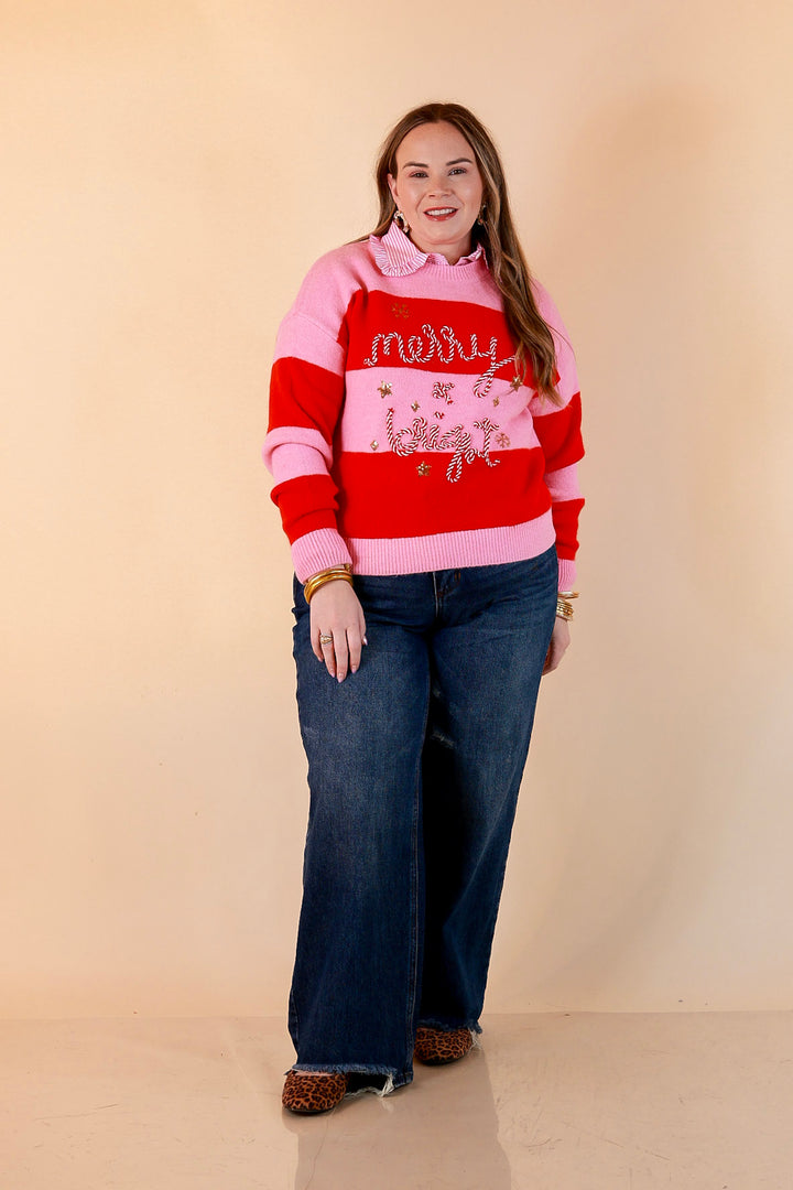 Mint Condition Striped Merry and Bright Sweater in Pink and Red