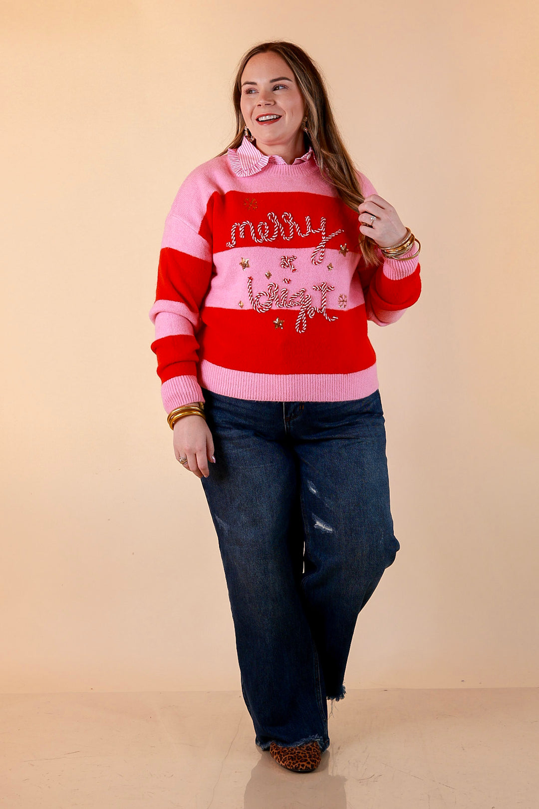 Mint Condition Striped Merry and Bright Sweater in Pink and Red