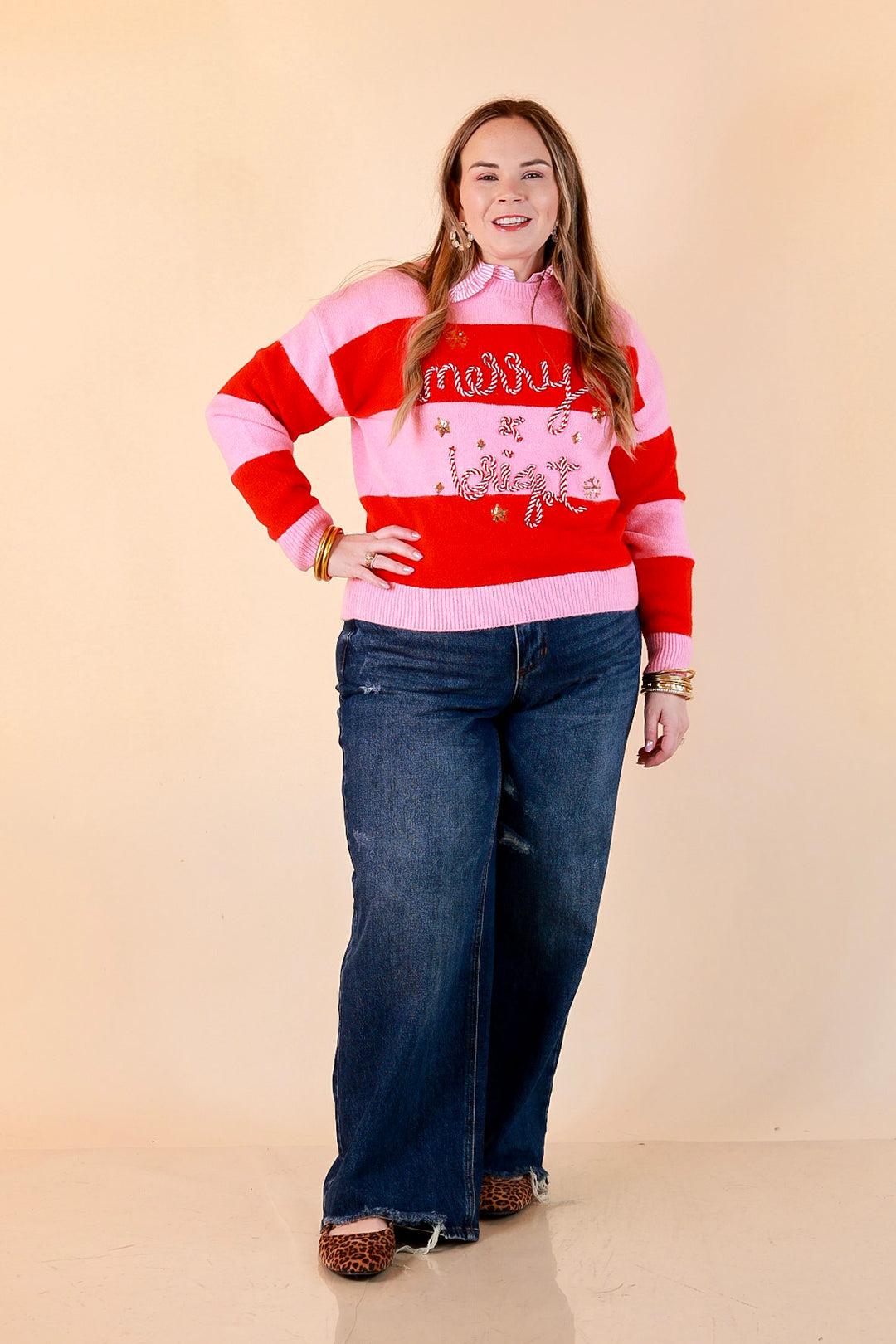 Mint Condition Striped Merry and Bright Sweater in Pink and Red