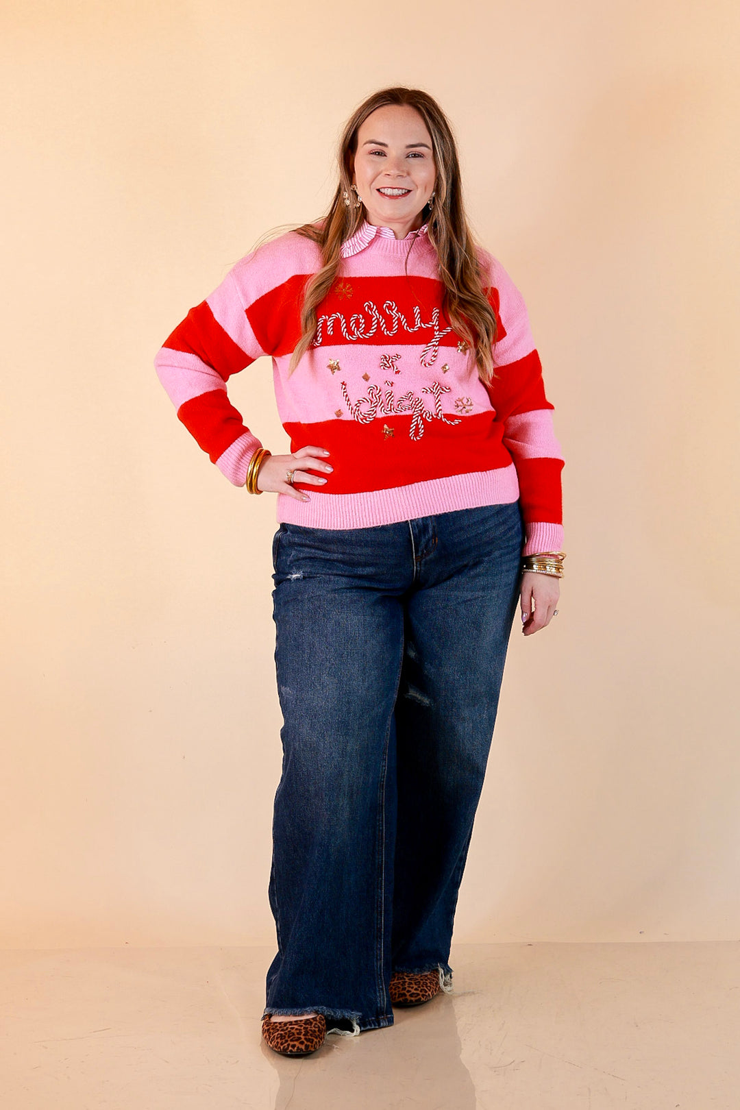 Mint Condition Striped Merry and Bright Sweater in Pink and Red