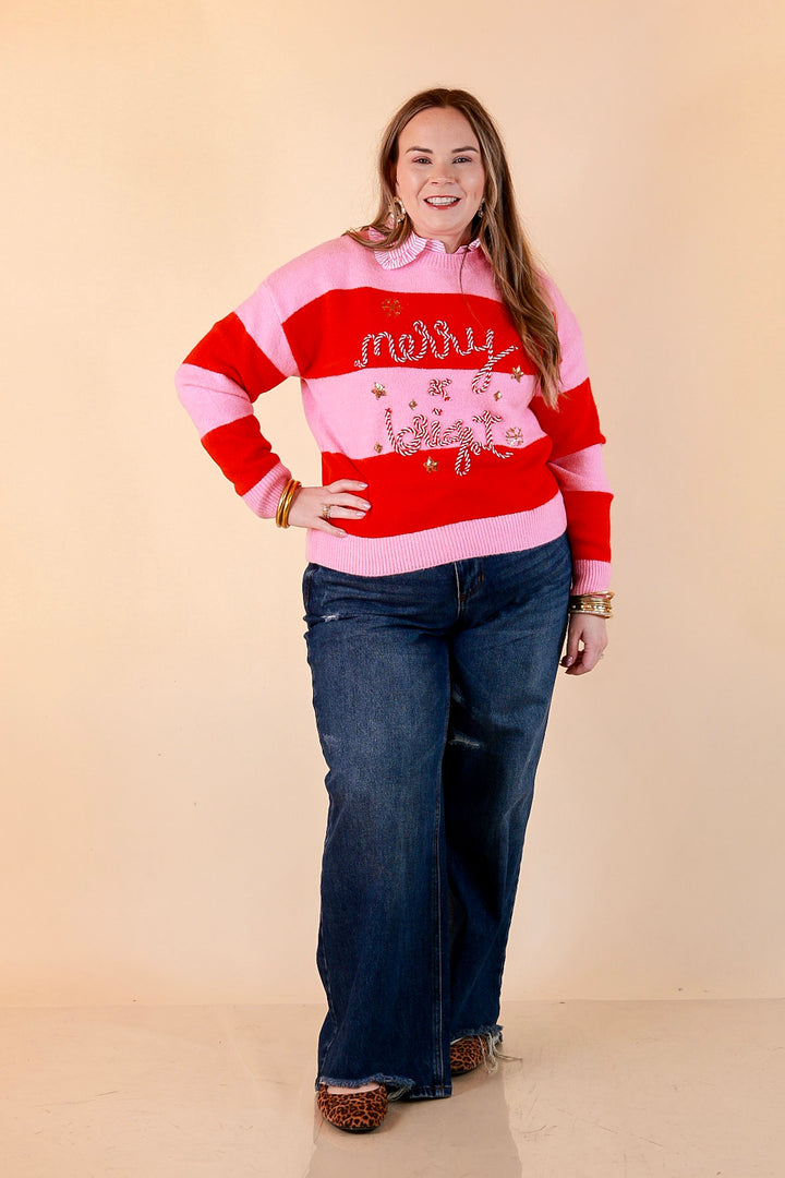 Mint Condition Striped Merry and Bright Sweater in Pink and Red