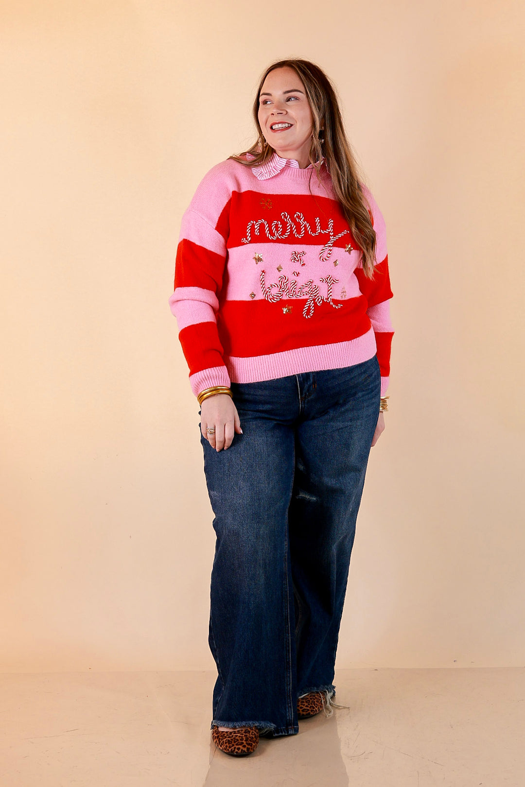 Mint Condition Striped Merry and Bright Sweater in Pink and Red