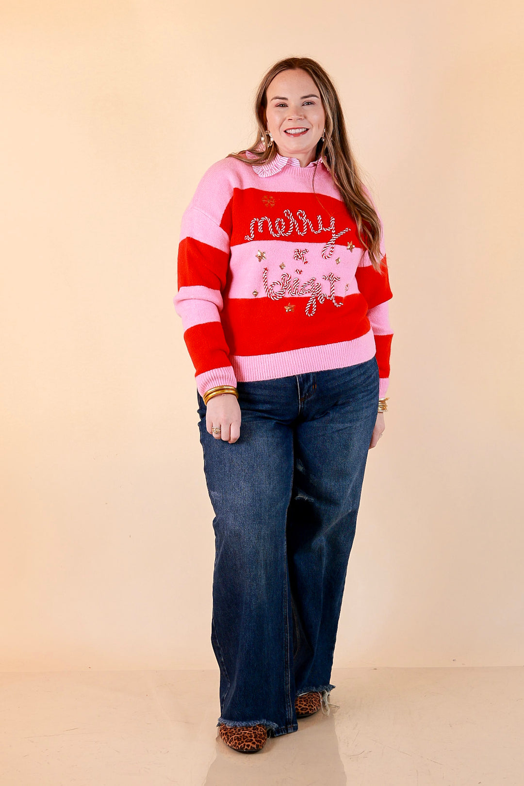 Mint Condition Striped Merry and Bright Sweater in Pink and Red