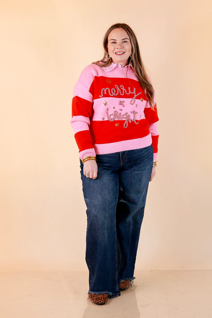 Mint Condition Striped Merry and Bright Sweater in Pink and Red