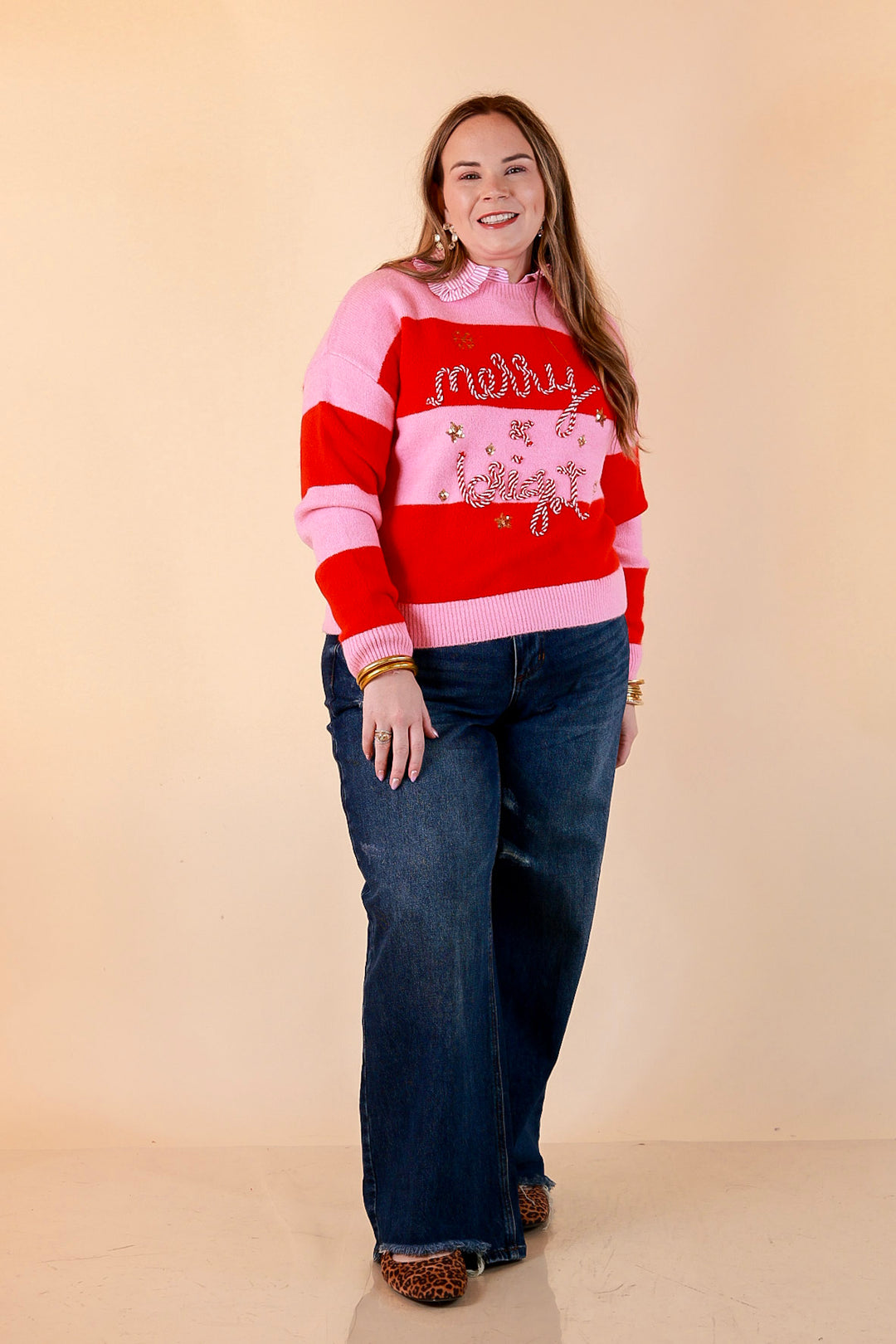Mint Condition Striped Merry and Bright Sweater in Pink and Red