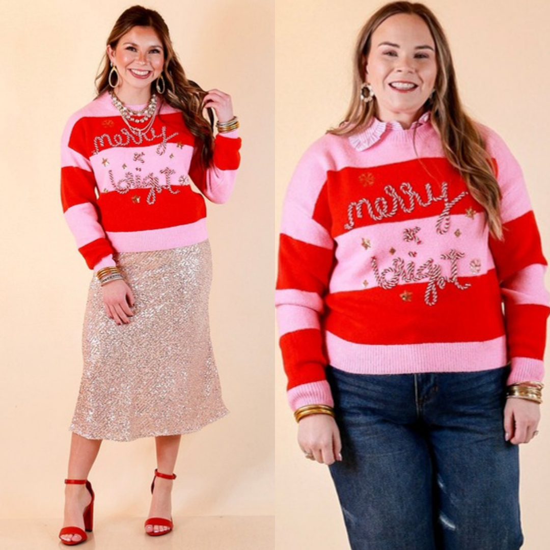 Mint Condition merry and bright candy cane striped sweater in pink and red
