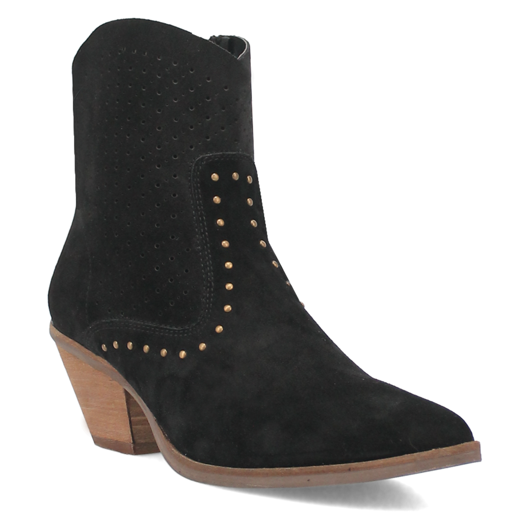 Ankle high bootie in black suede leather, bronze metal studs following the shape of the bootie and a 2 1/2 inch wooden brown heel.