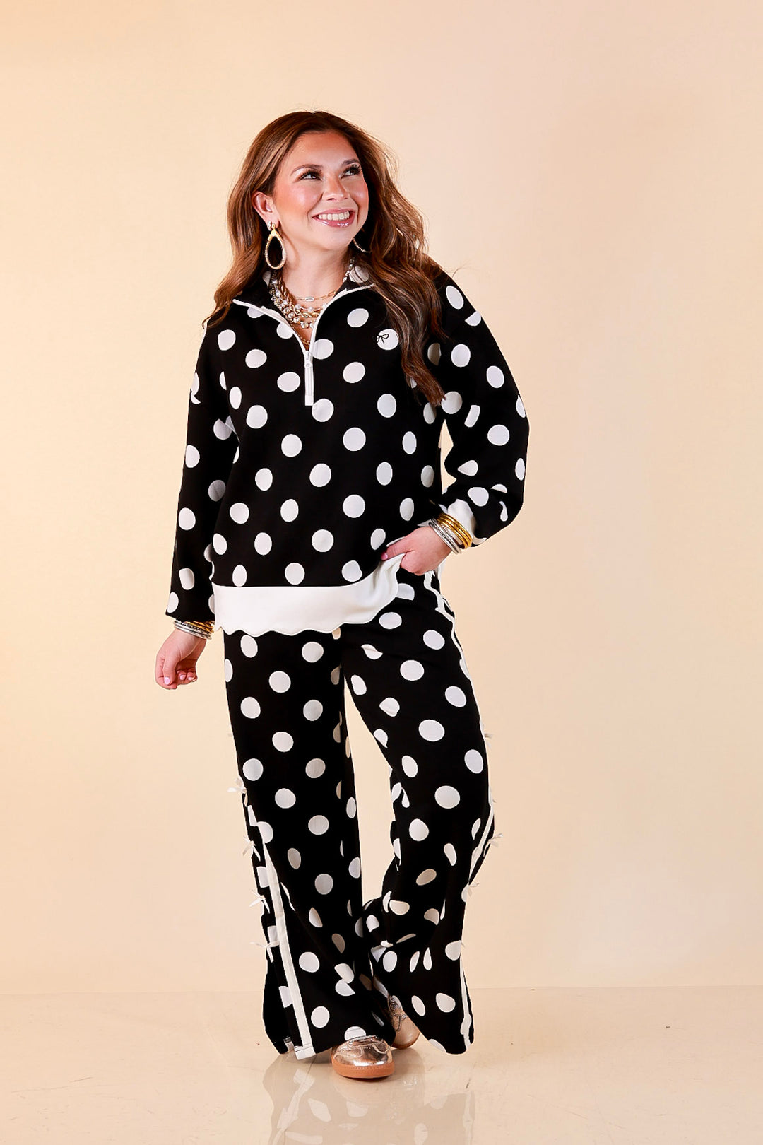 Simply Southern Modern Staple half zip pullover in black and white polka dot