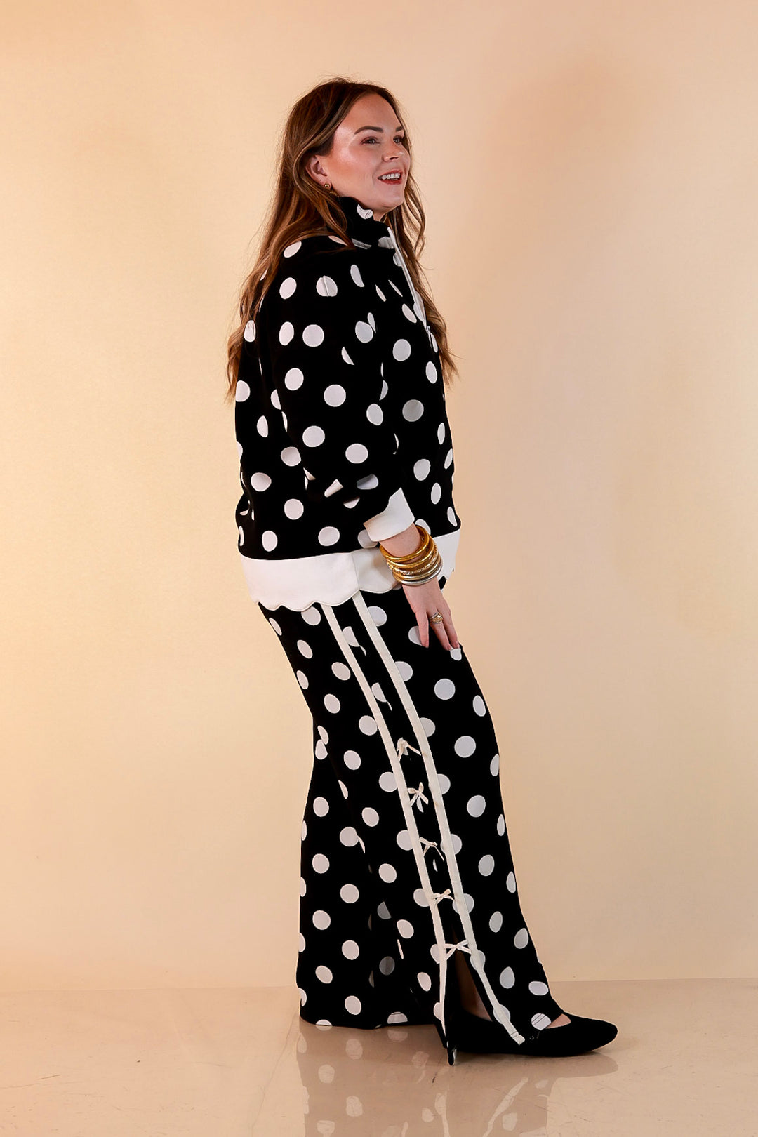 Simply Southern Modern Staple half zip pullover in black and white polka dot