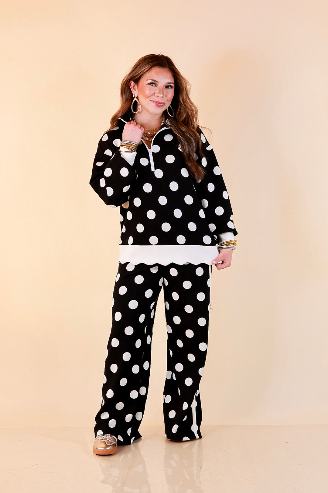 Simply Southern Modern Staple wide leg knit pants in black and white polka dot