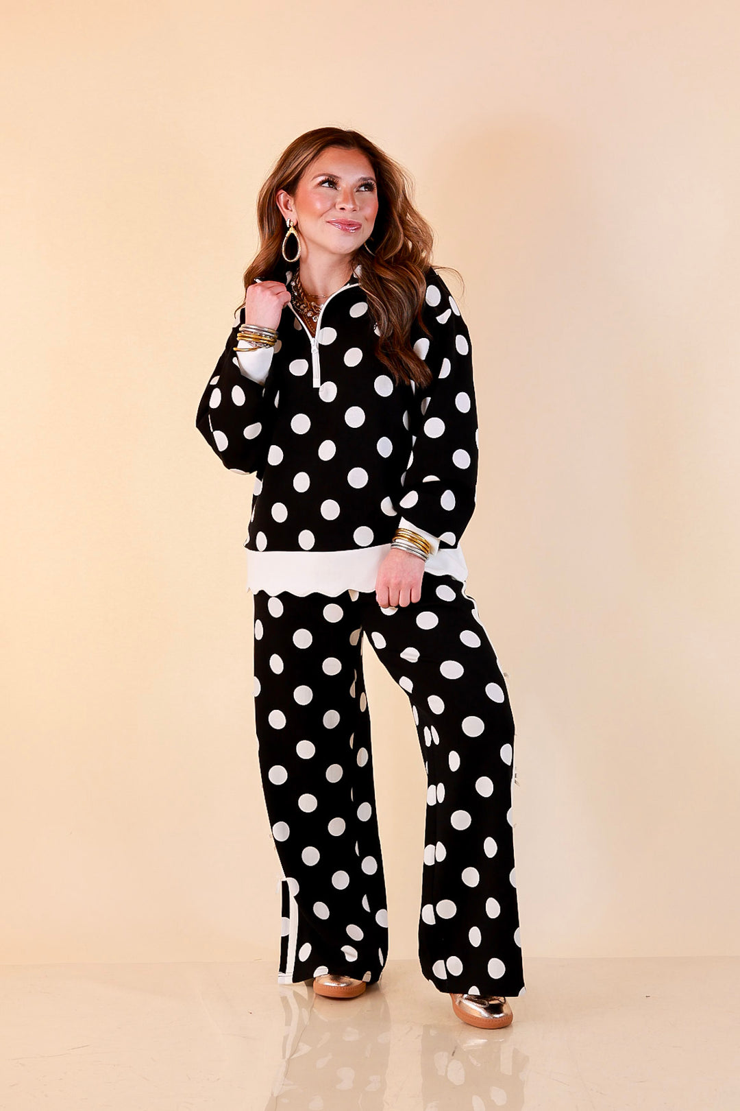 Simply Southern Modern Staple wide leg knit pants in black and white polka dot