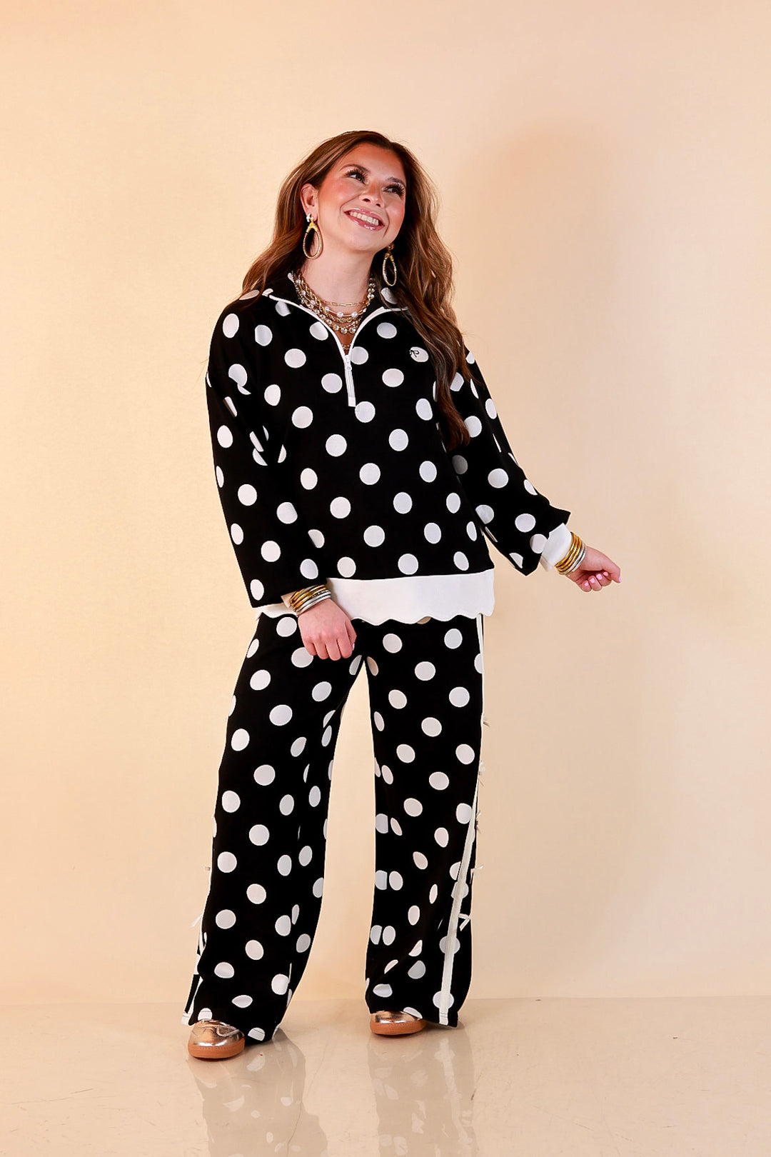 Simply Southern Modern Staple wide leg knit pants in black and white polka dot
