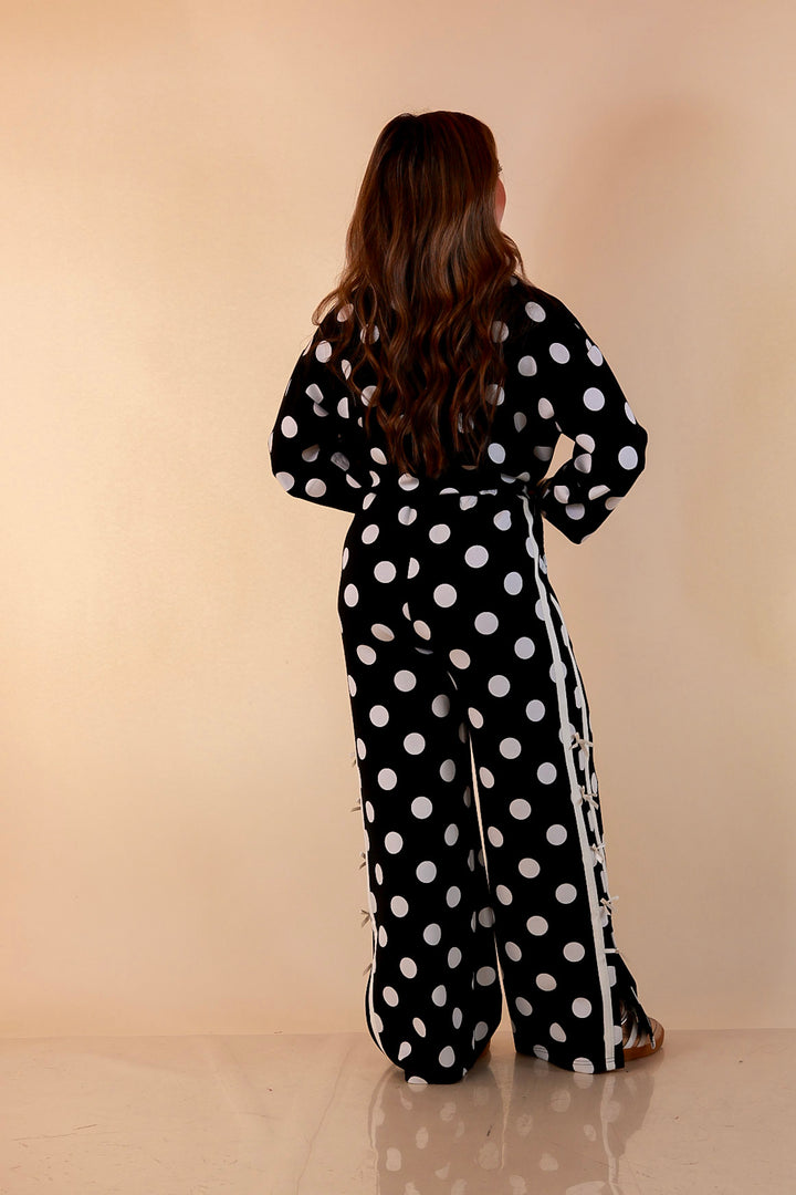 Simply Southern Modern Staple wide leg knit pants in black and white polka dot