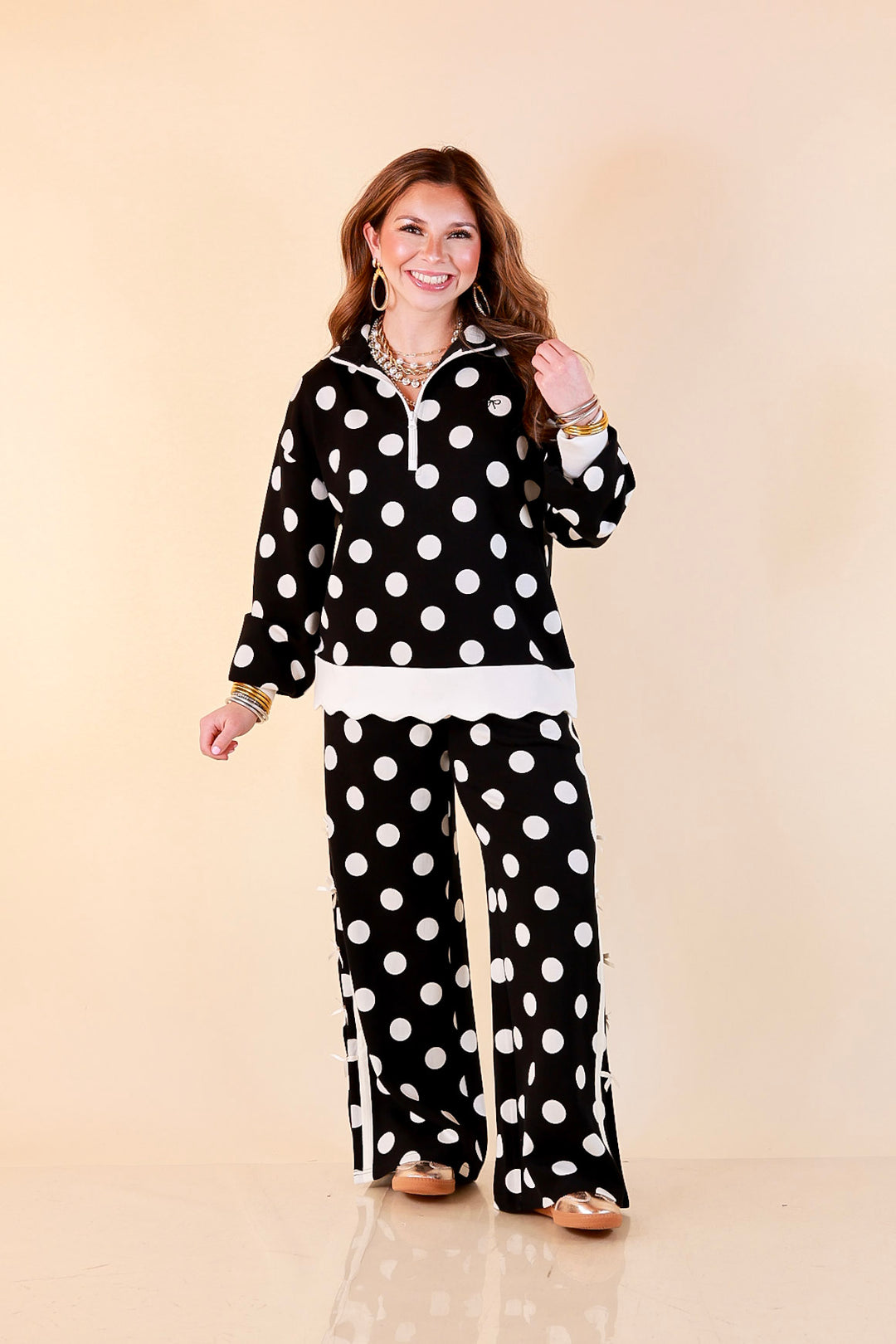 Simply Southern Modern Staple wide leg knit pants in black and white polka dot