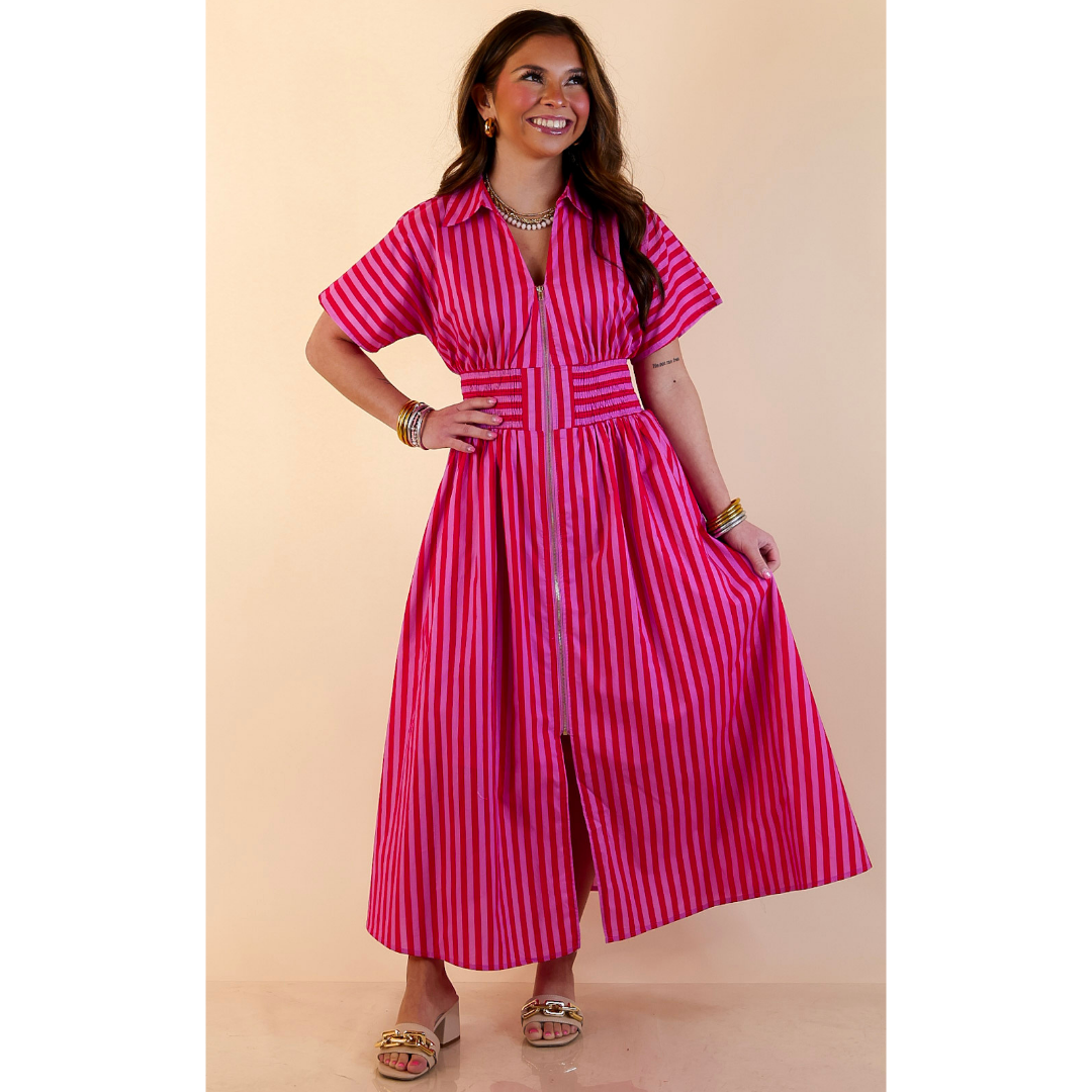 Modern Charm Zip Front Midi Striped Print Dress with Smocked Waist and Short Sleeves in Pink and Red