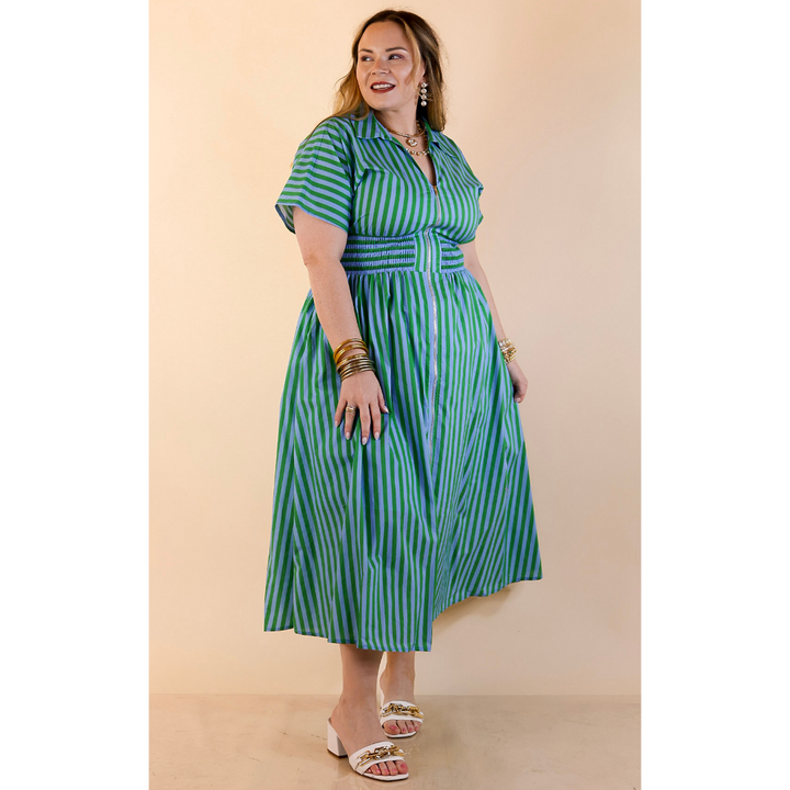 Modern Charm Zip Front Midi Striped Print Dress with Smocked Waist and Short Sleeves in Green and Blue