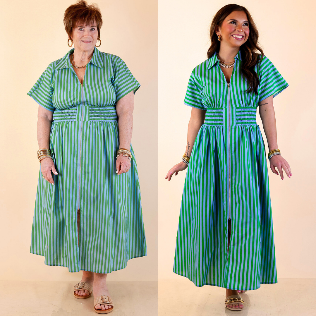 Models are wearing Front Zip Midi Striped Print Dress with Smocked Waist and Short Sleeves in Green and blue against a beige backdrop. 