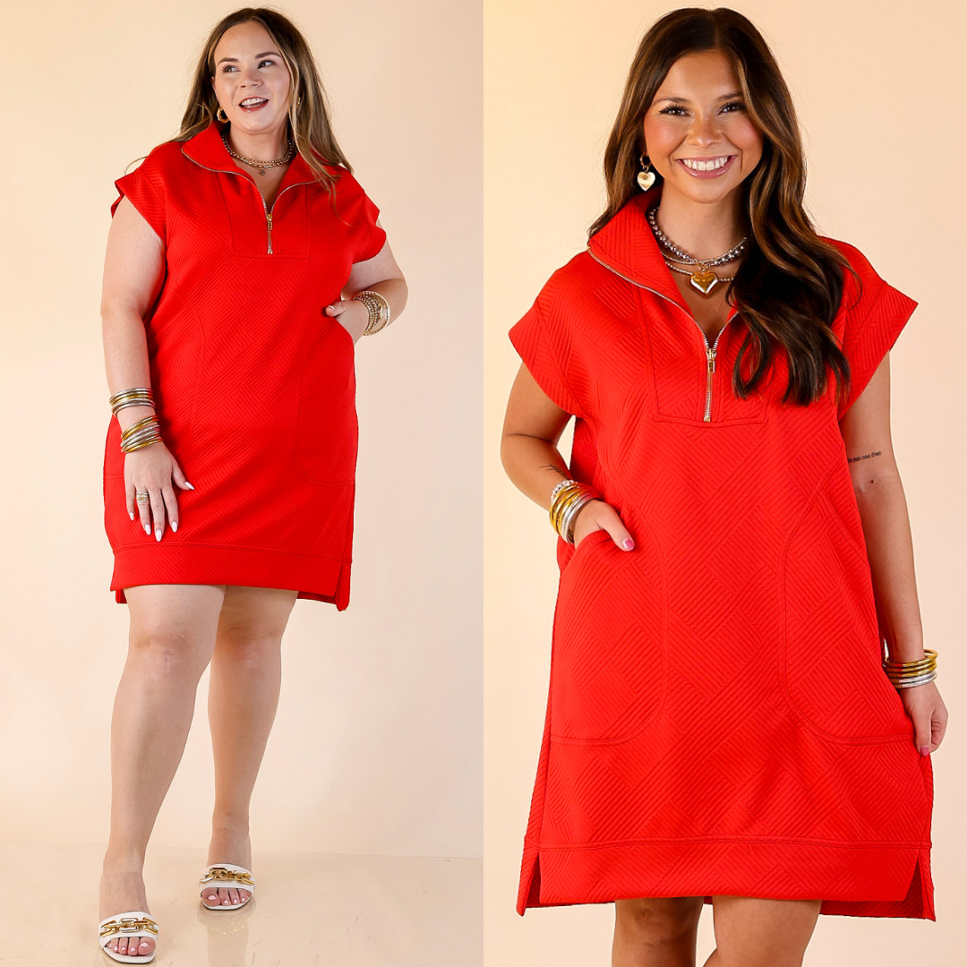 Two views of a woman wearing a red cap sleeve dress against a beige background