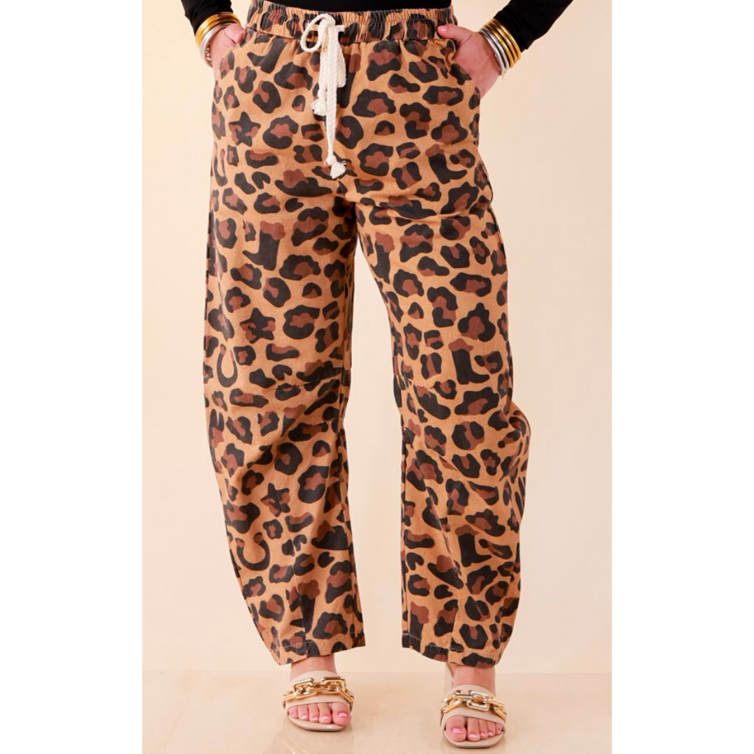 Modern Drama Leopard Print Wide Leg Barrel Jeans with Elastic Drawstring Waist in Camel Brown