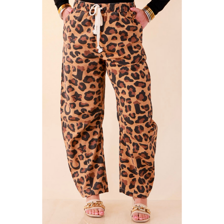 Modern Drama Leopard Print Wide Leg Barrel Jeans with Elastic Drawstring Waist in Camel Brown