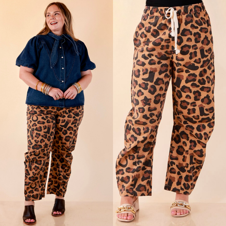 Modern Drama Leopard Print Wide Leg Barrel Jeans with Elastic Drawstring Waist in Camel Brown