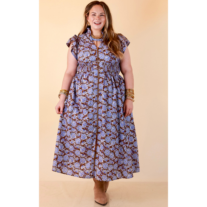 Modern Grace Zip Front Midi Floral Print Dress with Smocked Waist and Short Flutter Sleeves in Brown and Periwinkle Blue