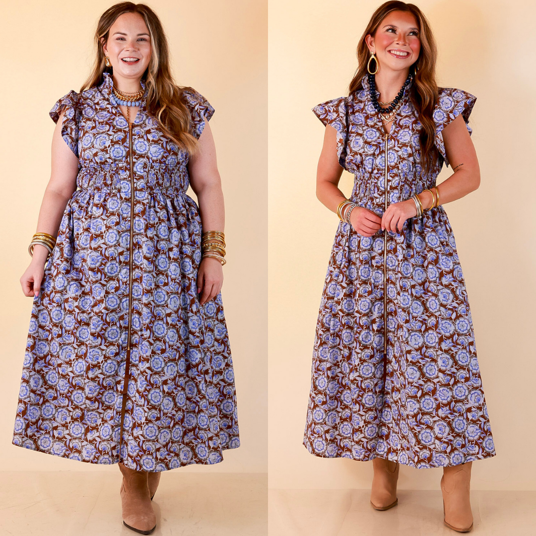 Modern Grace Zip Front Midi Floral Print Dress with Smocked Waist and Short Flutter Sleeves in Brown and Periwinkle Blue