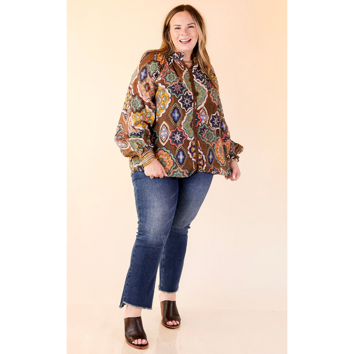 Mosaic Muse Boho Mosaic Print Long Balloon Sleeve Blouse in Brown, Pink, Navy and Cream