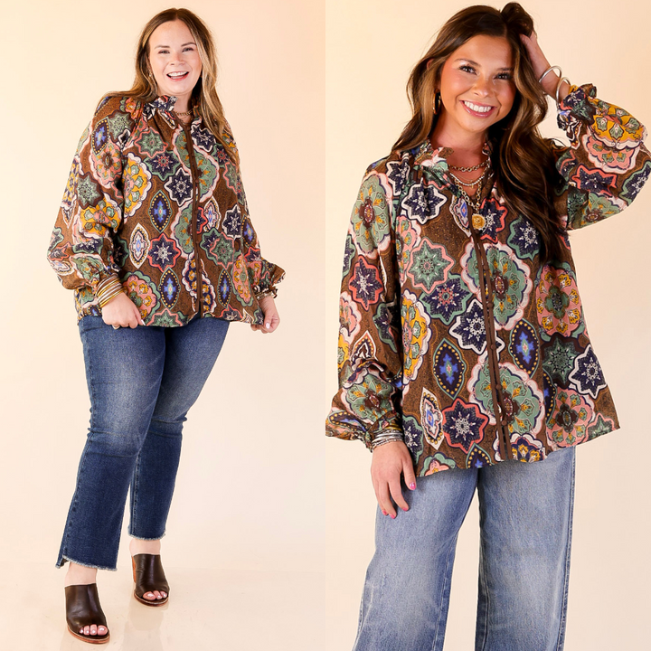 Two women wearing a boho mosaic printed blouse and jeans on a beige background