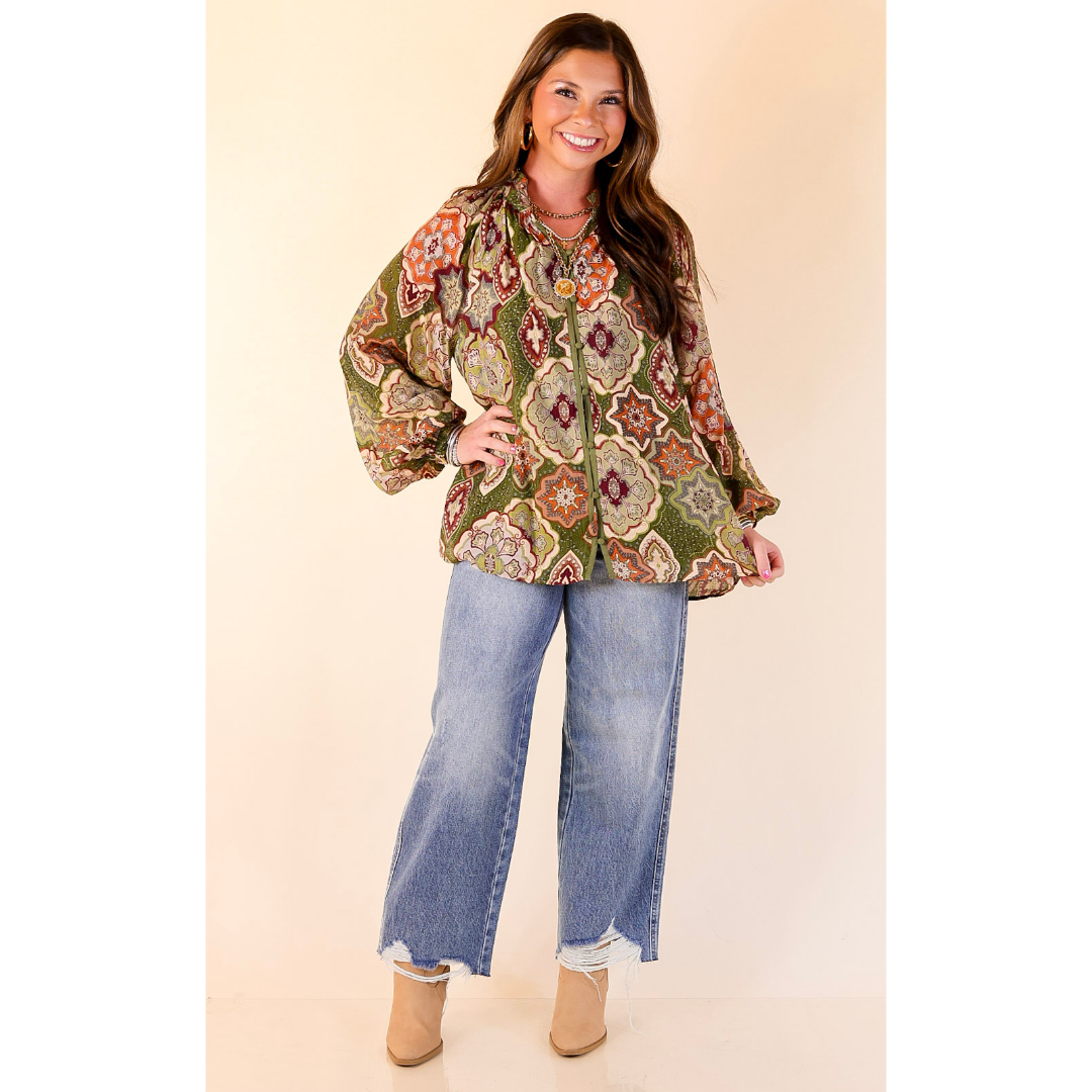 Mosaic Muse Boho Mosaic Print Long Balloon Sleeve Blouse in Olive Green, Maroon and Rust Orange