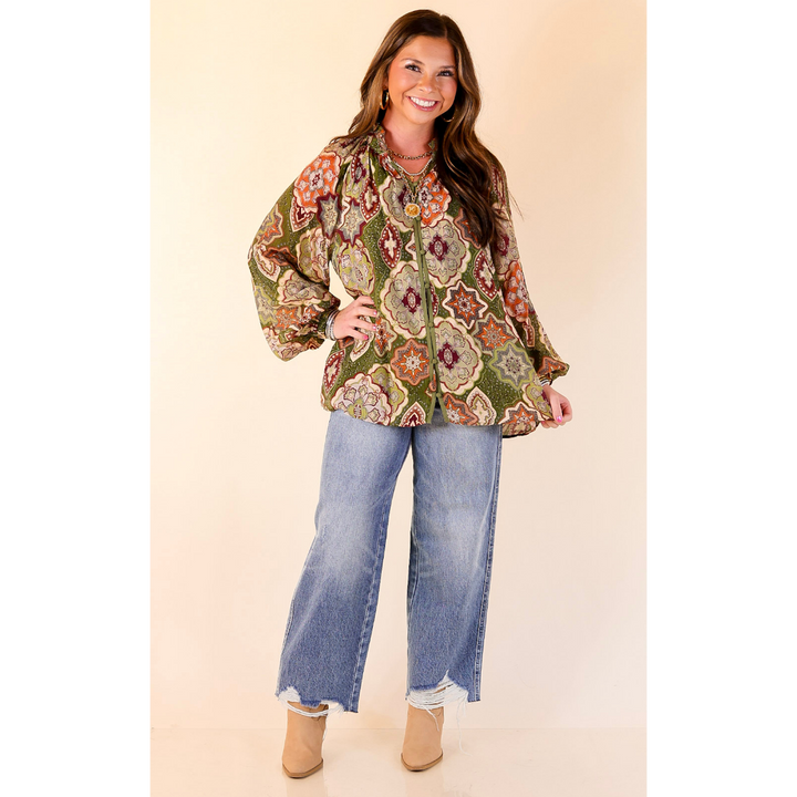 Mosaic Muse Boho Mosaic Print Long Balloon Sleeve Blouse in Olive Green, Maroon and Rust Orange