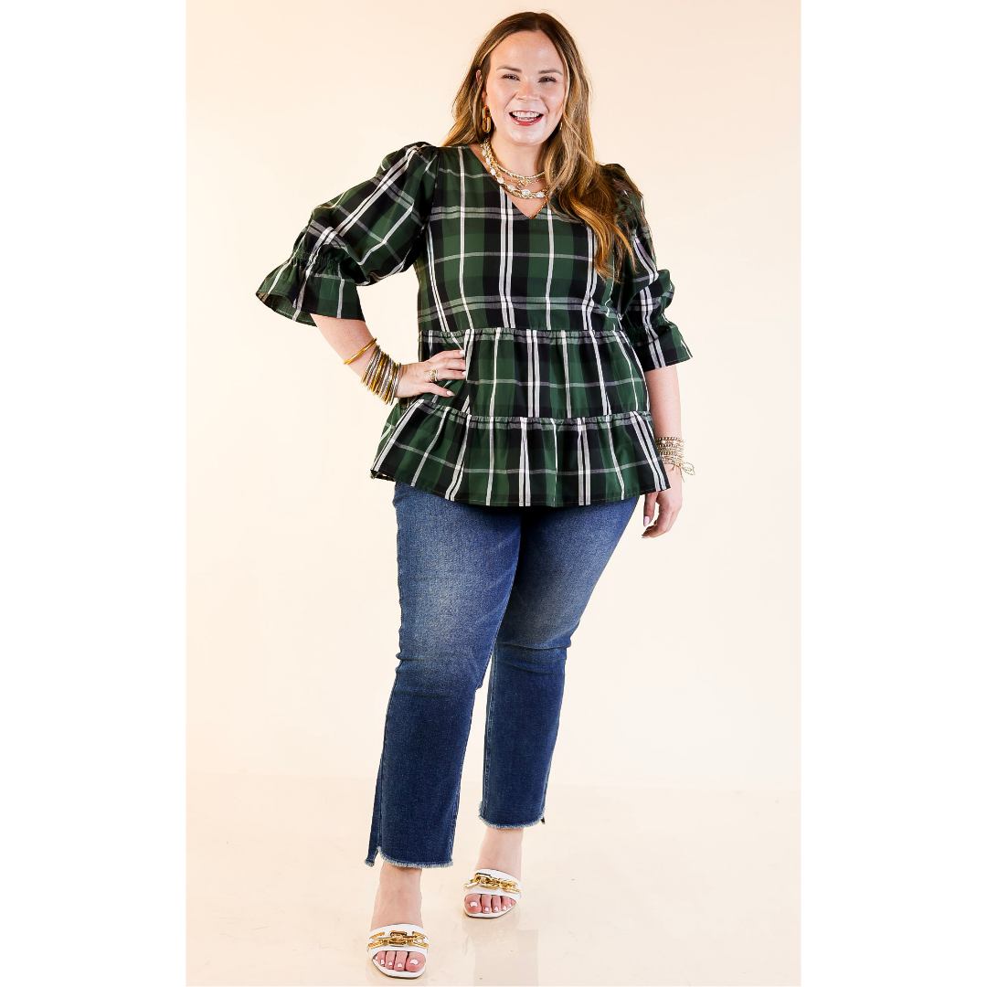 Mud Pie | Ashford Plaid Babydoll Top with Ruffle Hem and 3/4 Balloon Sleeves in Green