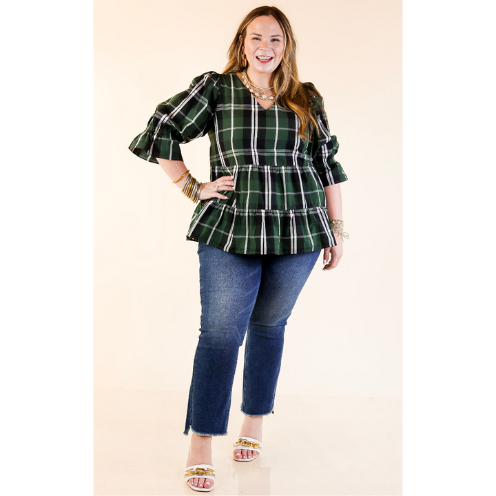 Mud Pie | Ashford Plaid Babydoll Top with Ruffle Hem and 3/4 Balloon Sleeves in Green