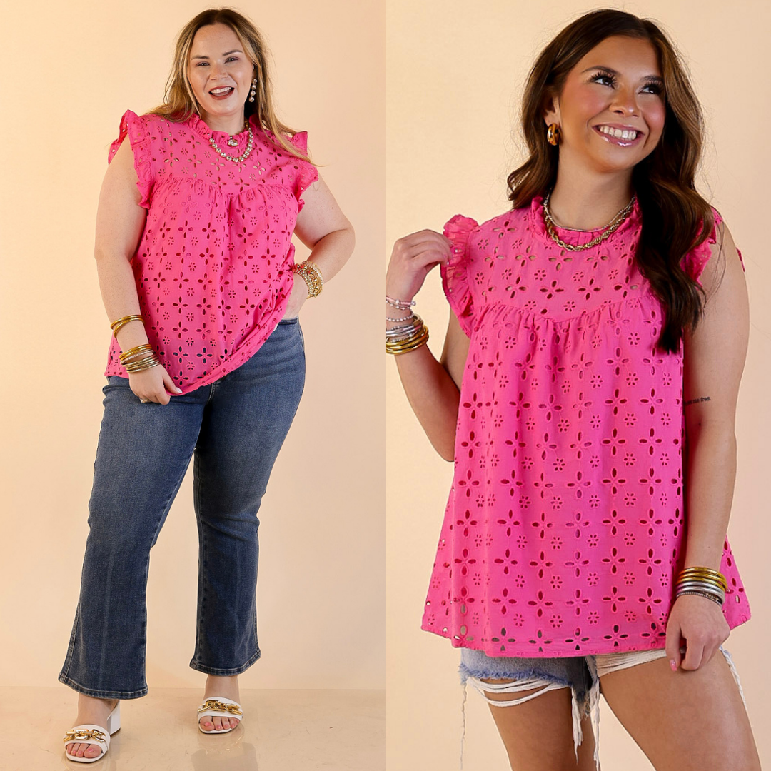 Models are wearing Eyelet Ruffle Sleeve Top with Mock Neckline in Bright Pink-- One with shorts and the other with pants. 