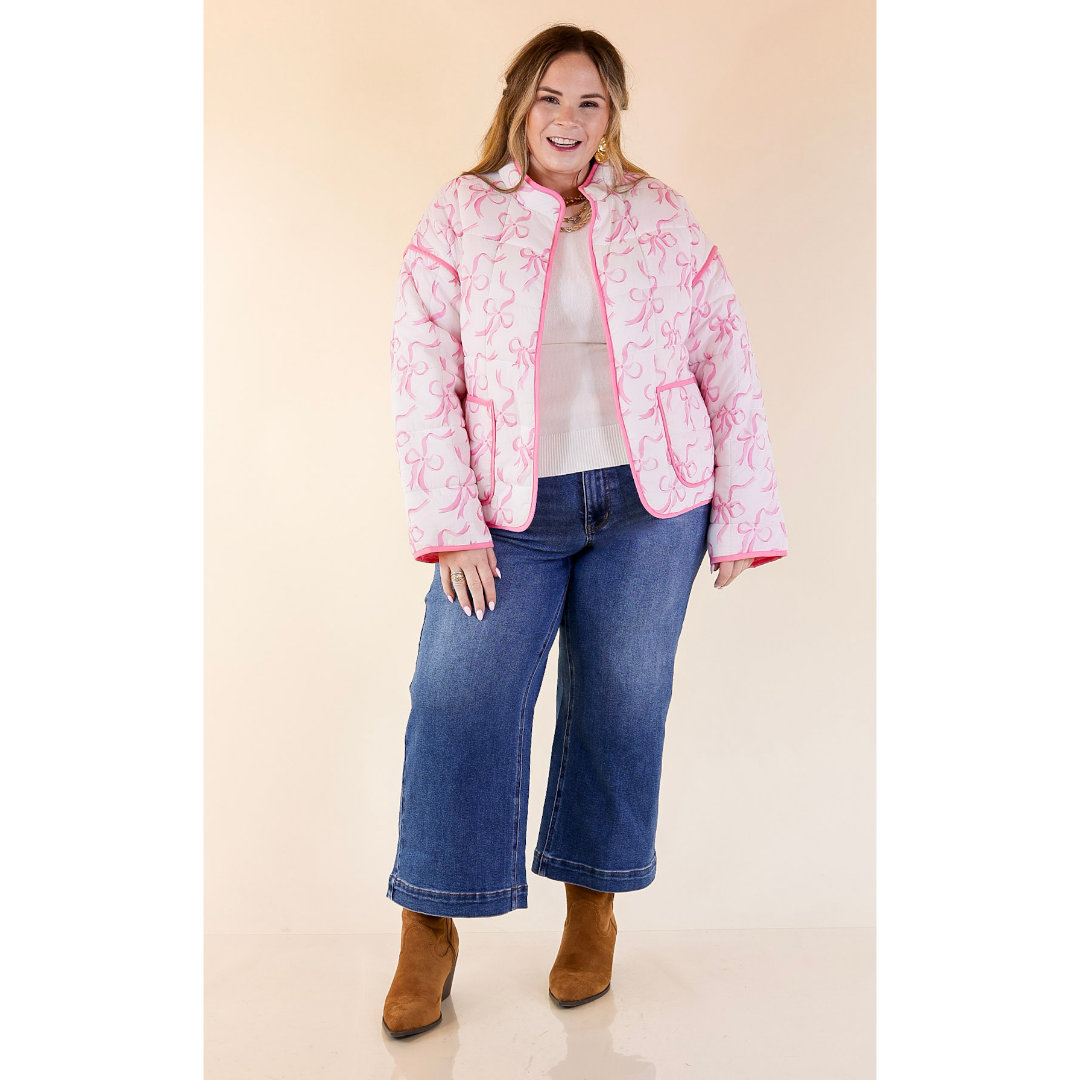 Mud Pie | Cher Quilted Jacket with Pink Bow Print and Pink Piping and Pockets in Off White