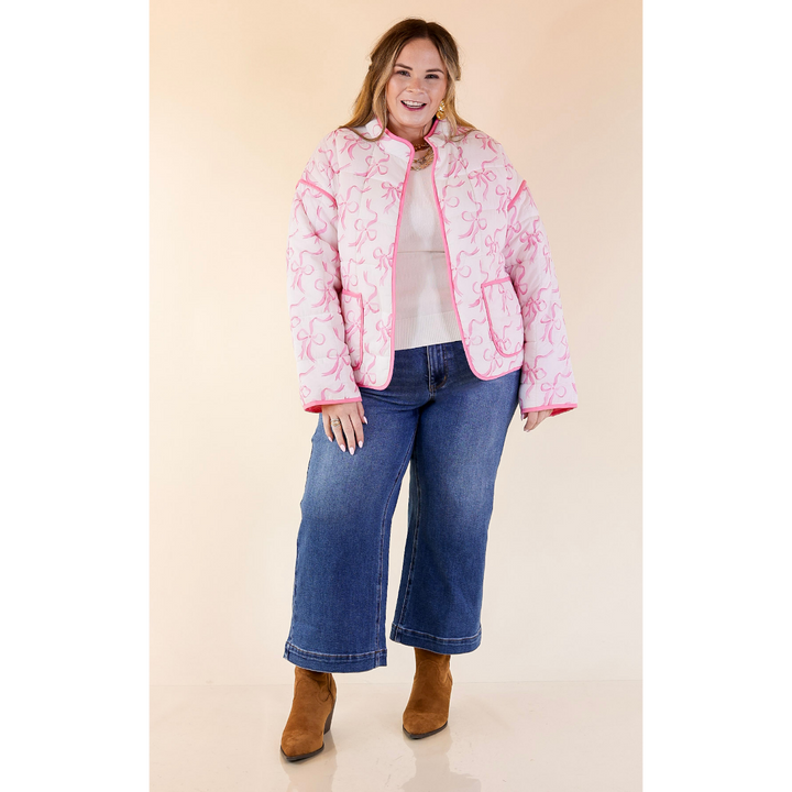 Mud Pie | Cher Quilted Jacket with Pink Bow Print and Pink Piping and Pockets in Off White